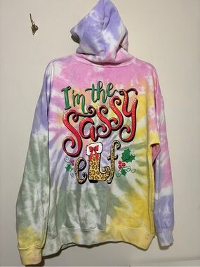 Southern Attitude Sassy Elf  Sweatshirt Hoodie Tie Dye Large Boho Hippie Xmas